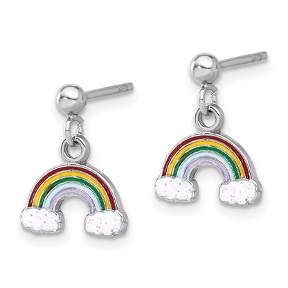 Sterling Silver Rhodium Plated Enameled Glitter Rainbow Post Dangle Earrings