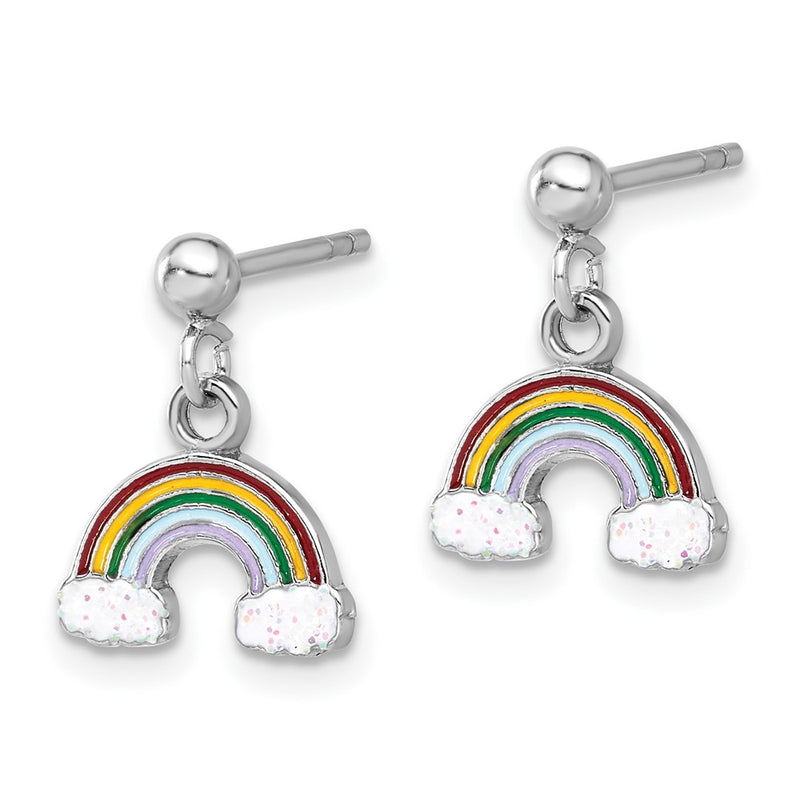 Sterling Silver Rhodium Plated Enameled Glitter Rainbow Post Dangle Earrings