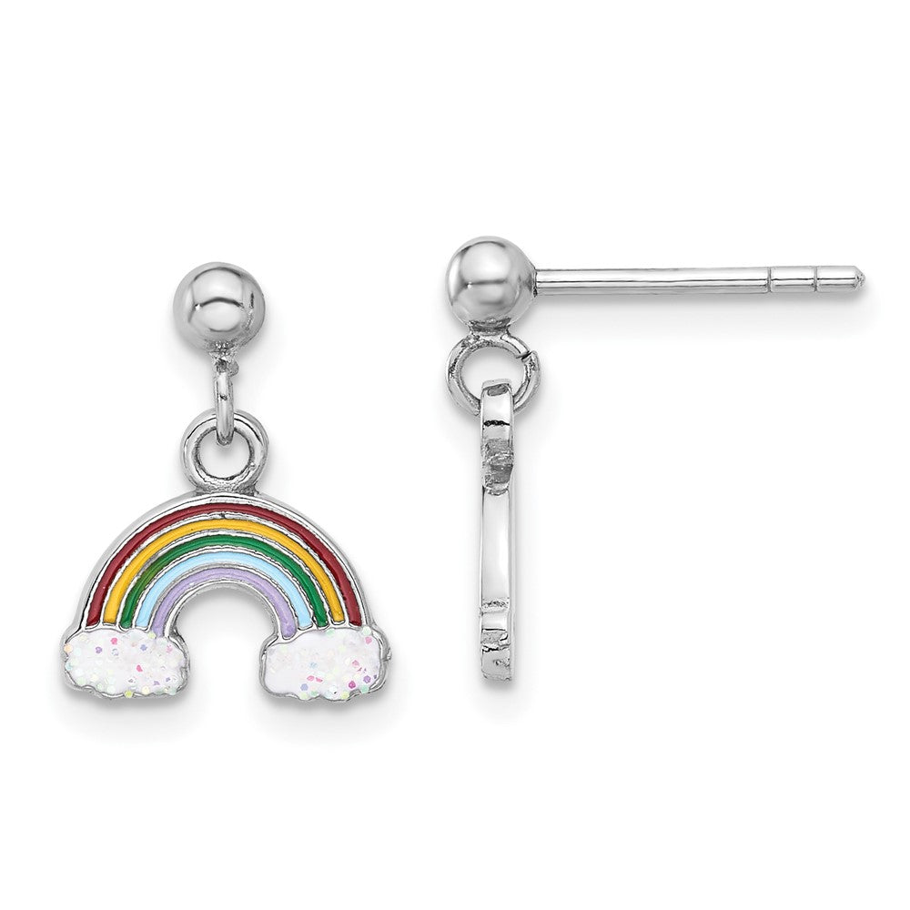 Sterling Silver Rhodium Plated Enameled Glitter Rainbow Post Dangle Earrings