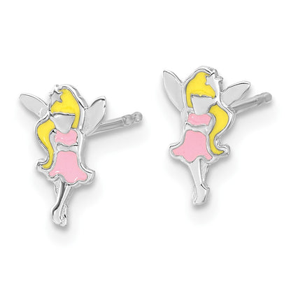 Sterling Silver Rhodium Plated Multi-Color Enamel Fairy Children's Post Earrings