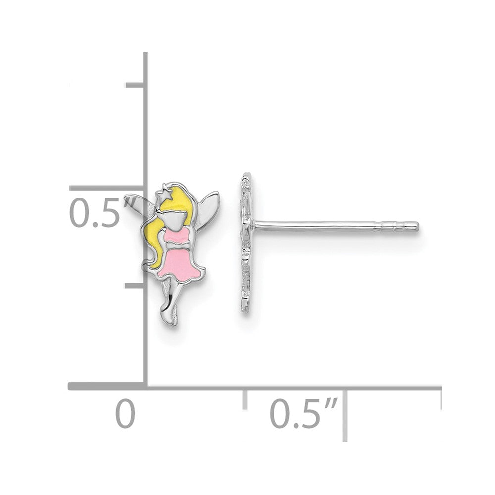 Sterling Silver Rhodium Plated Multi-Color Enamel Fairy Children's Post Earrings