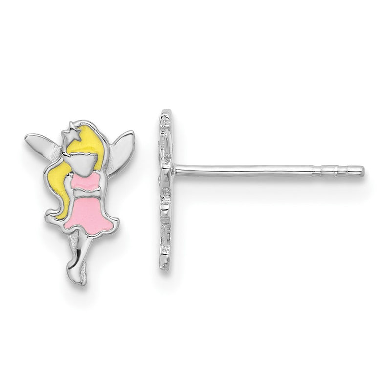 Sterling Silver Rhodium Plated Multi-Color Enamel Fairy Children's Post Earrings