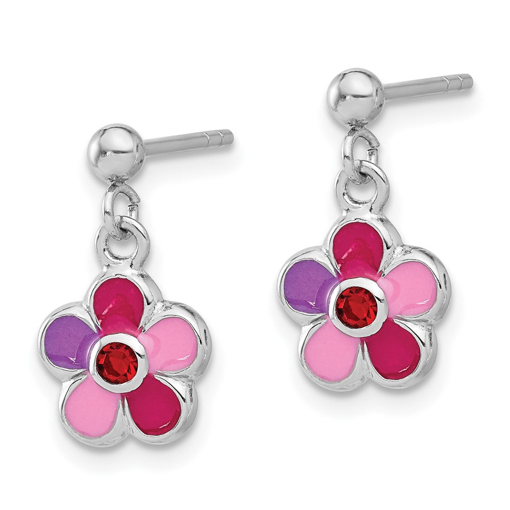 Sterling Silver Rhodium Plated Enameled Red Crystal Flower Post Dangle Earrings