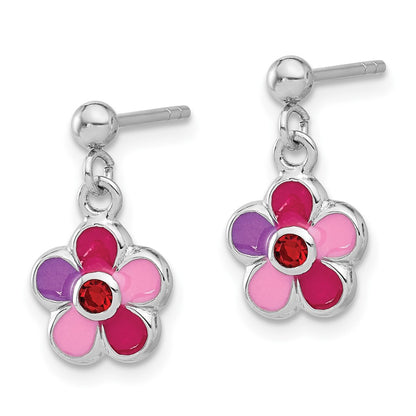 Sterling Silver Rhodium Plated Enameled Red Crystal Flower Post Dangle Earrings