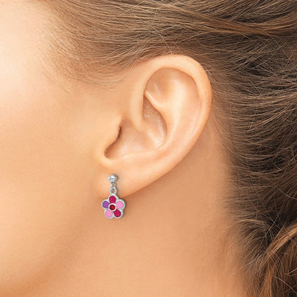 Sterling Silver Rhodium Plated Enameled Red Crystal Flower Post Dangle Earrings