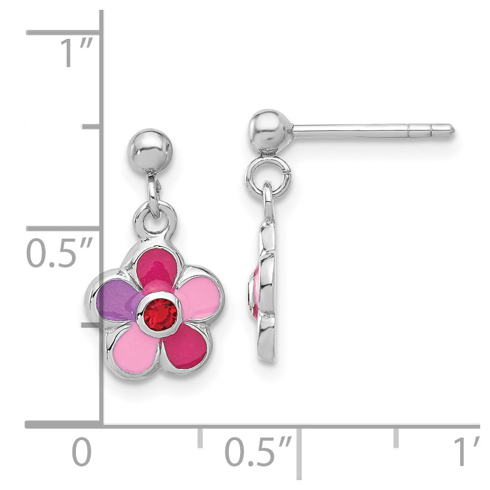 Sterling Silver Rhodium Plated Enameled Red Crystal Flower Post Dangle Earrings