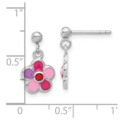 Sterling Silver Rhodium Plated Enameled Red Crystal Flower Post Dangle Earrings