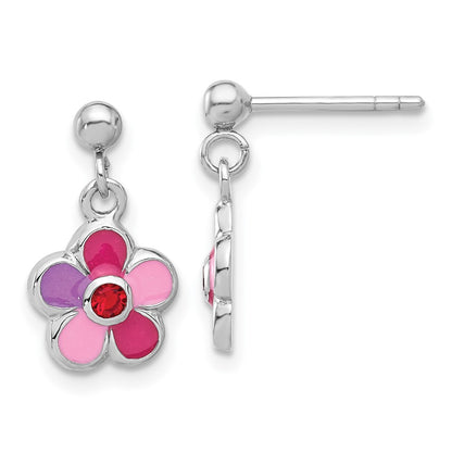 Sterling Silver Rhodium Plated Enameled Red Crystal Flower Post Dangle Earrings