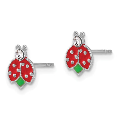 Sterling Silver Rhodium Plated Enamel & Crystal Ladybug Children's Post Earrings