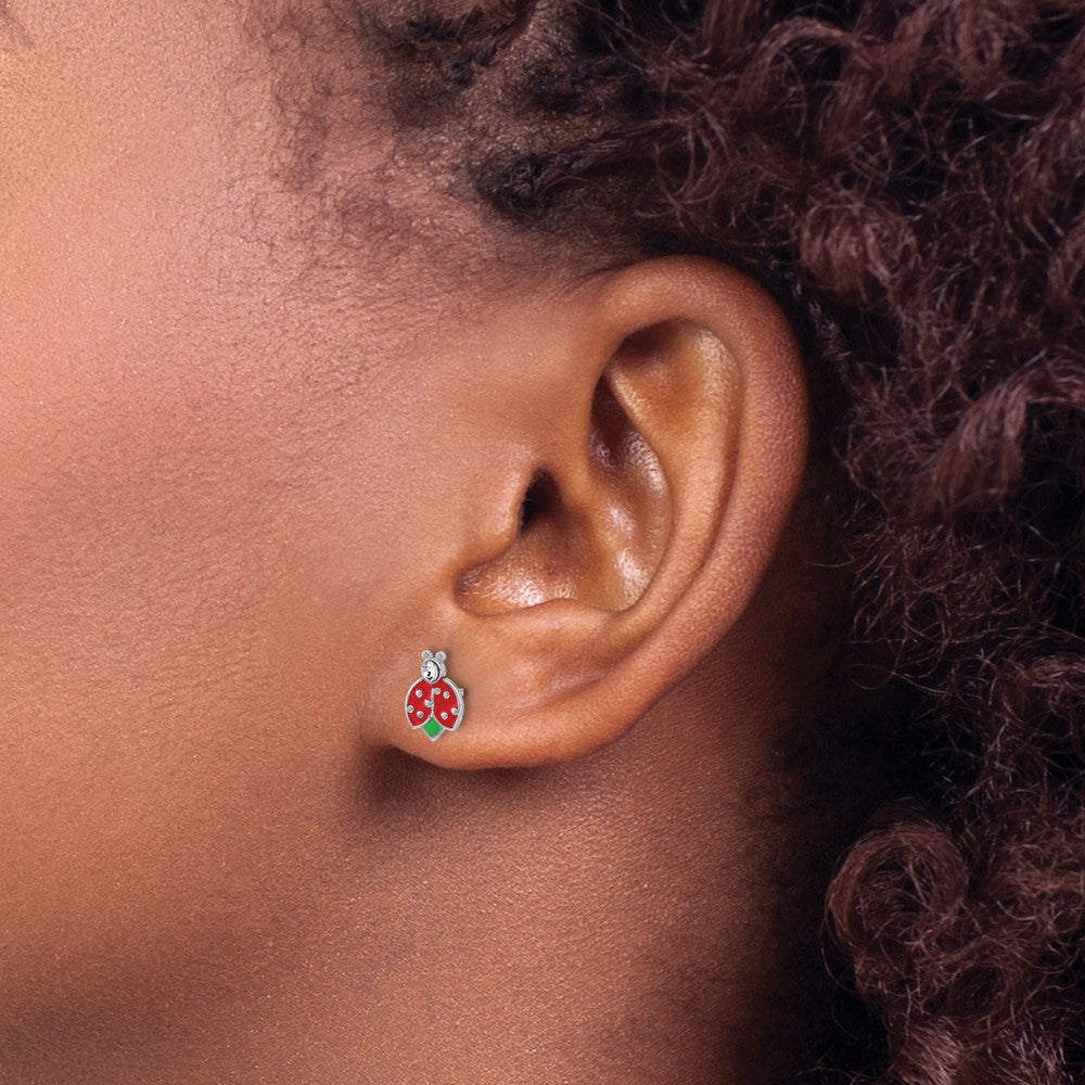 Sterling Silver Rhodium Plated Enamel & Crystal Ladybug Children's Post Earrings