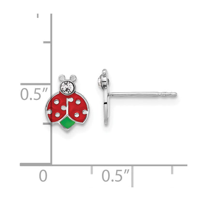 Sterling Silver Rhodium Plated Enamel & Crystal Ladybug Children's Post Earrings