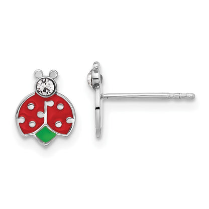 Sterling Silver Rhodium Plated Enamel & Crystal Ladybug Children's Post Earrings