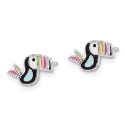 Sterling Silver Rhodium Plated Enameled Toucan Bird Children's Post Earrings