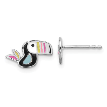 Sterling Silver Rhodium Plated Enameled Toucan Bird Children's Post Earrings