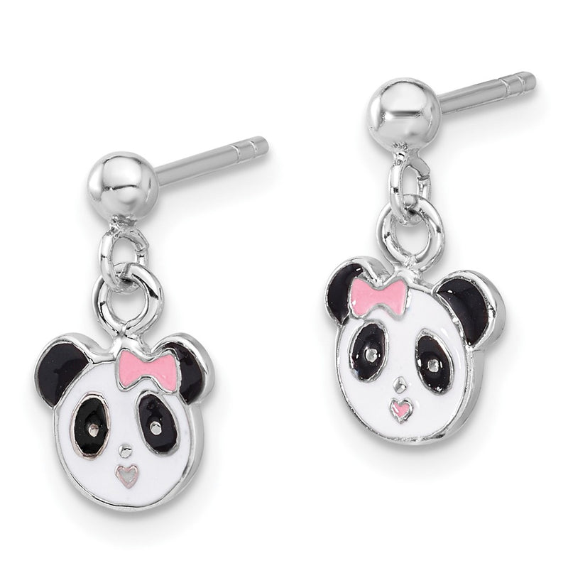 Sterling Silver Rhodium Plated Enameled Panda Children's Post Dangle Earrings