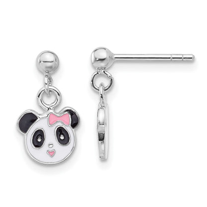 Sterling Silver Rhodium Plated Enameled Panda Children's Post Dangle Earrings