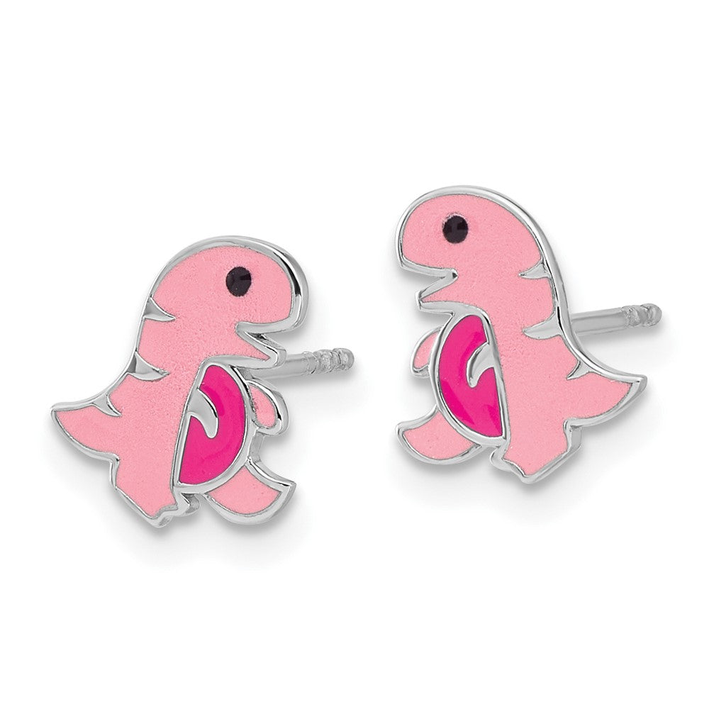 Sterling Silver Rhodium Plated Pink Enamel Dinosaur Children's Post Earrings