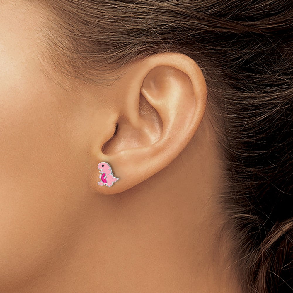 Sterling Silver Rhodium Plated Pink Enamel Dinosaur Children's Post Earrings