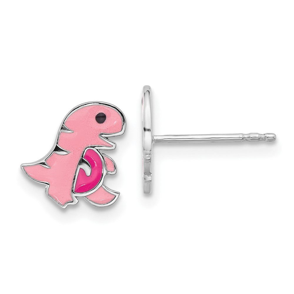 Sterling Silver Rhodium Plated Pink Enamel Dinosaur Children's Post Earrings