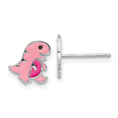 Sterling Silver Rhodium Plated Pink Enamel Dinosaur Children's Post Earrings