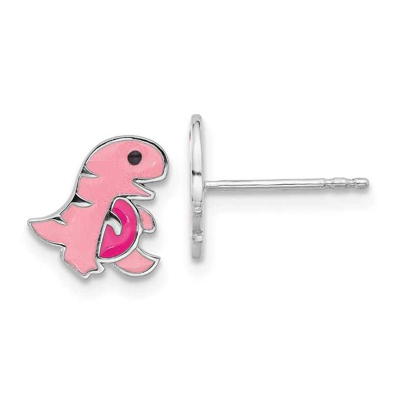 Sterling Silver Rhodium Plated Pink Enamel Dinosaur Children's Post Earrings