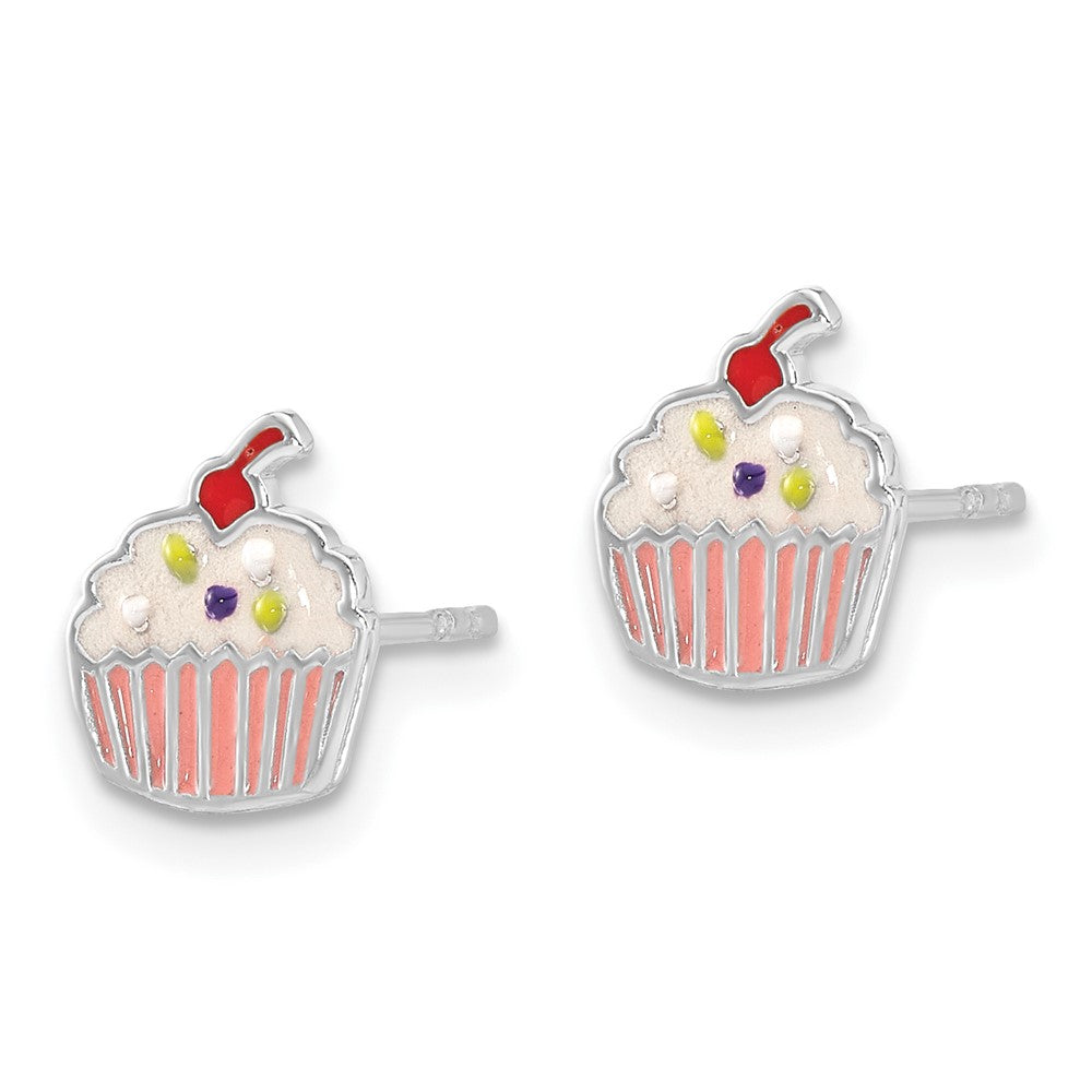 Sterling Silver Rhodium-Plated Enamel Cupcake Children's Post Earrings