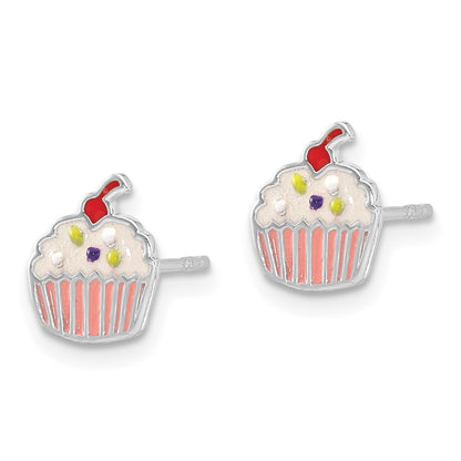 Sterling Silver Rhodium-Plated Enamel Cupcake Children's Post Earrings