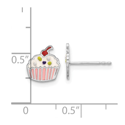 Sterling Silver Rhodium-Plated Enamel Cupcake Children's Post Earrings