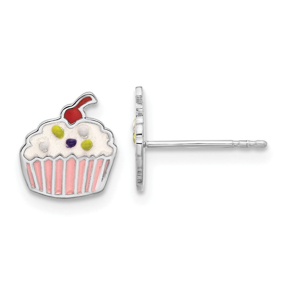 Sterling Silver Rhodium-Plated Enamel Cupcake Children's Post Earrings