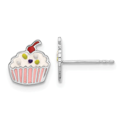 Sterling Silver Rhodium-Plated Enamel Cupcake Children's Post Earrings