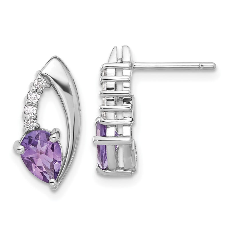 Sterling Silver Rhodium-Plated Amethyst and CZ Post Earrings