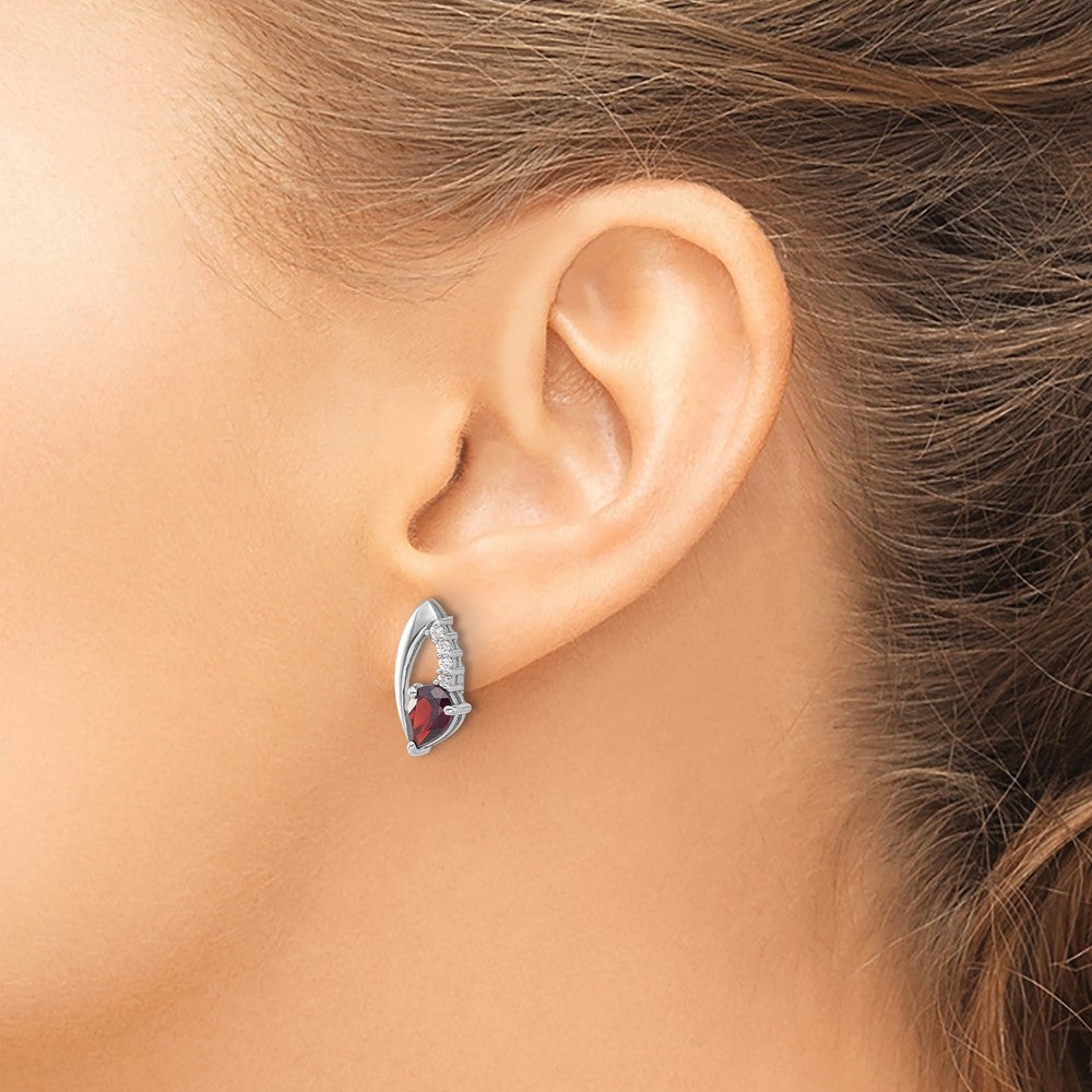 Sterling Silver Rhodium-Plated Garnet and CZ Post Earrings
