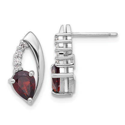 Sterling Silver Rhodium-Plated Garnet and CZ Post Earrings