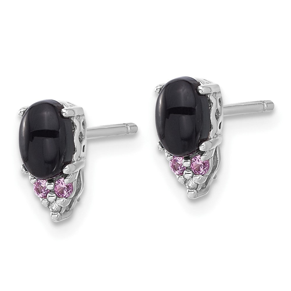 Sterling Silver Rhodium Plated Black Onyx .08 Cr.pink Sapphire/dia. Post Earring