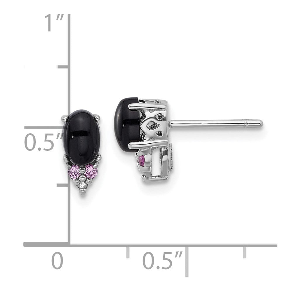 Sterling Silver Rhodium Plated Black Onyx .08 Cr.pink Sapphire/dia. Post Earring