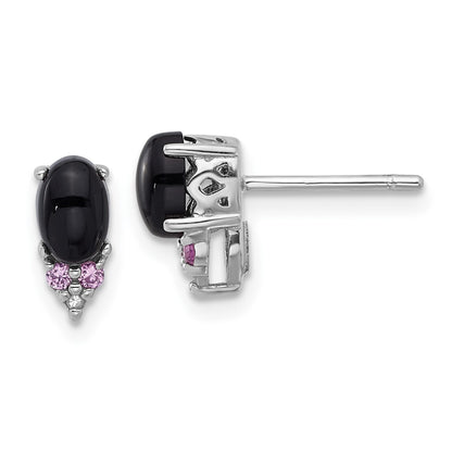 Sterling Silver Rhodium Plated Black Onyx .08 Cr.pink Sapphire/dia. Post Earring