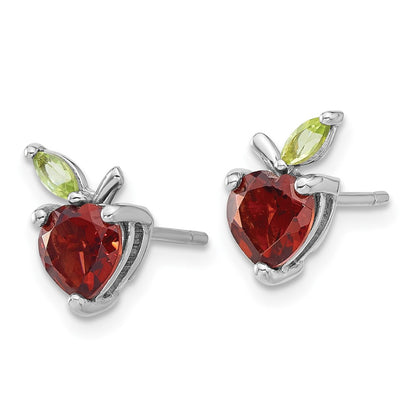 Sterling Silver Rhodium-Plated Garnet and Peridot Apple Post Earrings