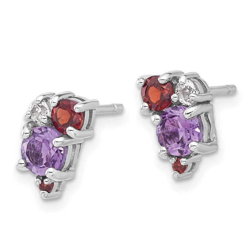 Sterling Silver Rhodium-Pl Amethyst Garnet and White Topaz Post Earrings