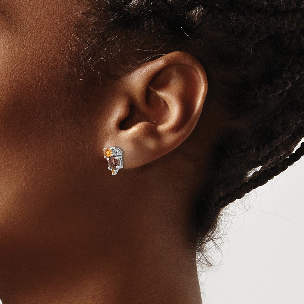 Sterling Silver Rhodium-Plated Smoky Quartz Citrine White Topaz Earrings