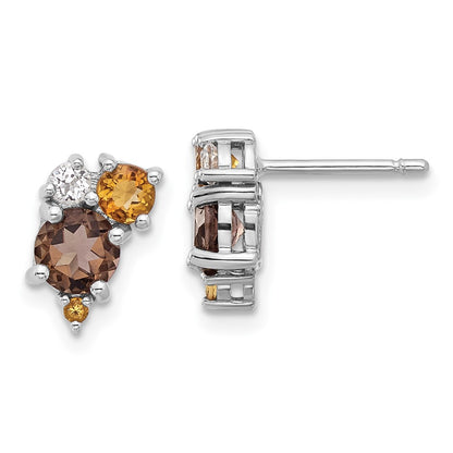 Sterling Silver Rhodium-Plated Smoky Quartz Citrine White Topaz Earrings