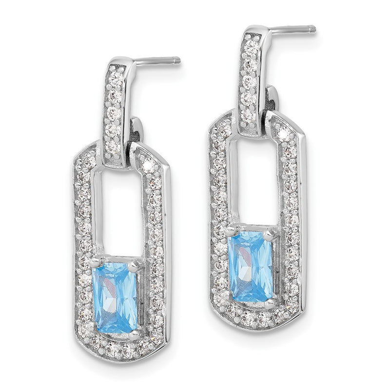 Sterling Silver Rhodium Plated Polished Blue Topaz and CZ Post Dangle Earrings