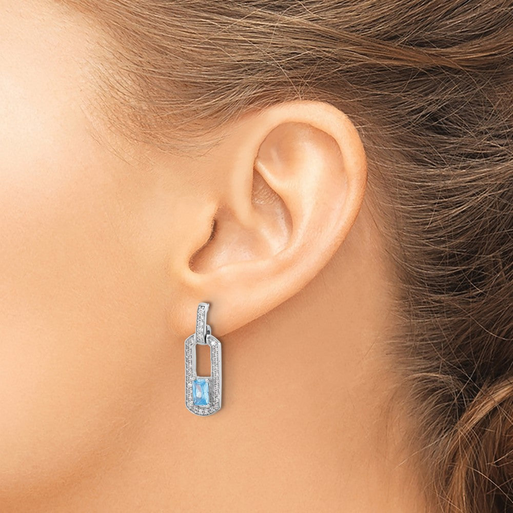 Sterling Silver Rhodium Plated Polished Blue Topaz and CZ Post Dangle Earrings