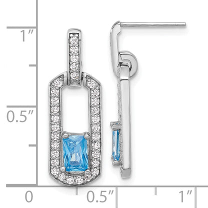 Sterling Silver Rhodium Plated Polished Blue Topaz and CZ Post Dangle Earrings