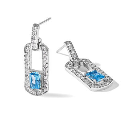 Sterling Silver Rhodium Plated Polished Blue Topaz and CZ Post Dangle Earrings