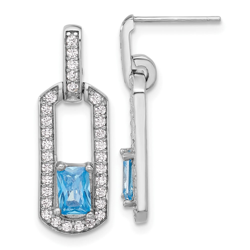 Sterling Silver Rhodium Plated Polished Blue Topaz and CZ Post Dangle Earrings