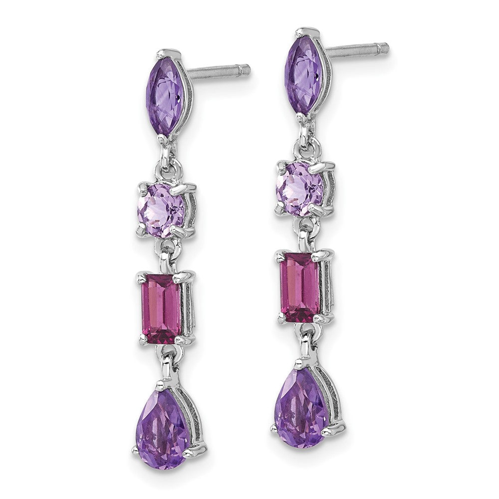Sterling Silver Rhodium Plated Amethyst Rhodolite Pink Quartz Dangle Earrings