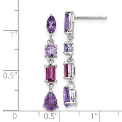 Sterling Silver Rhodium Plated Amethyst Rhodolite Pink Quartz Dangle Earrings