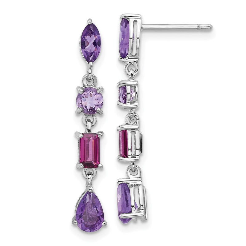 Sterling Silver Rhodium Plated Amethyst Rhodolite Pink Quartz Dangle Earrings