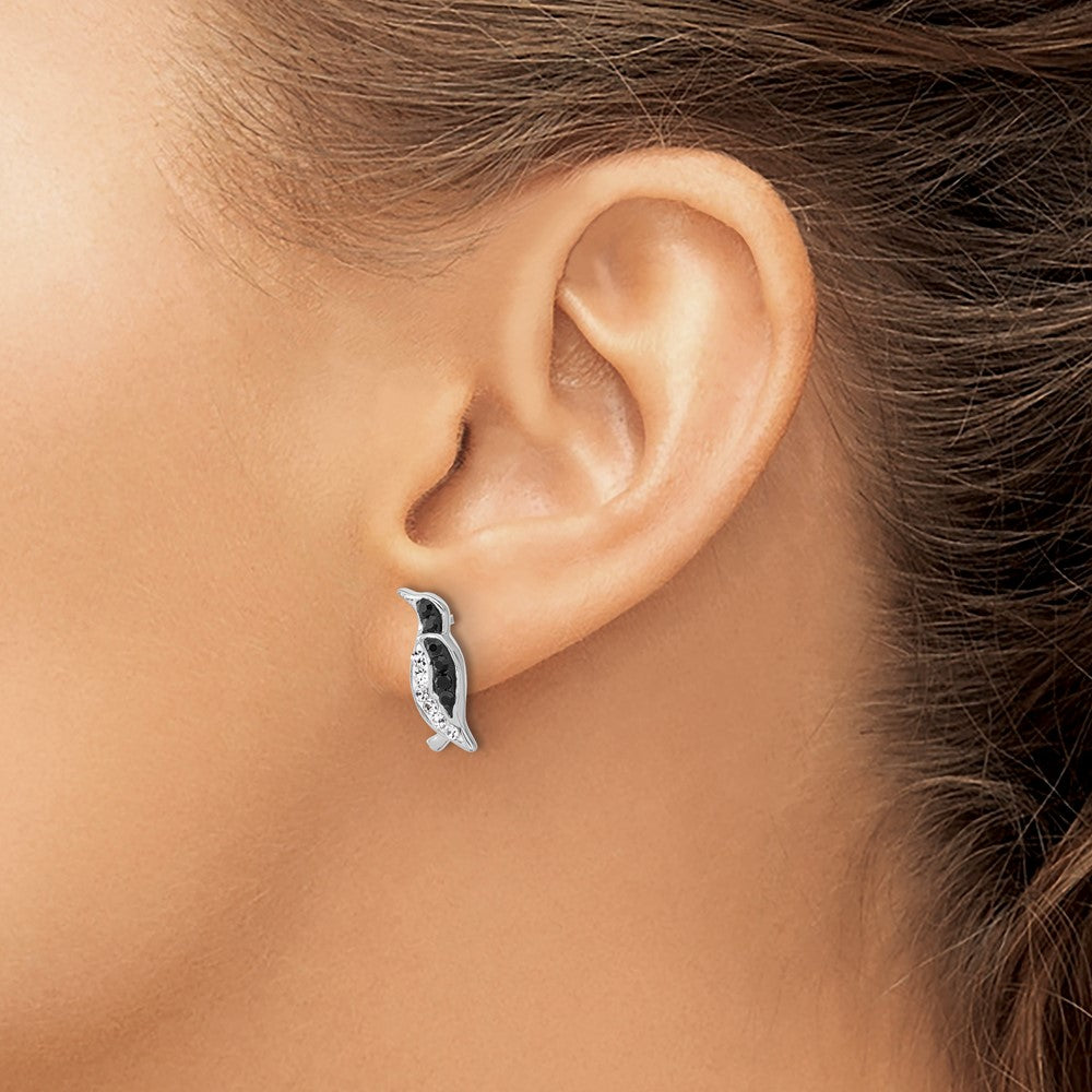 Sterling Silver Rhodium Plated Polished Crystal Penguin Post Earrings