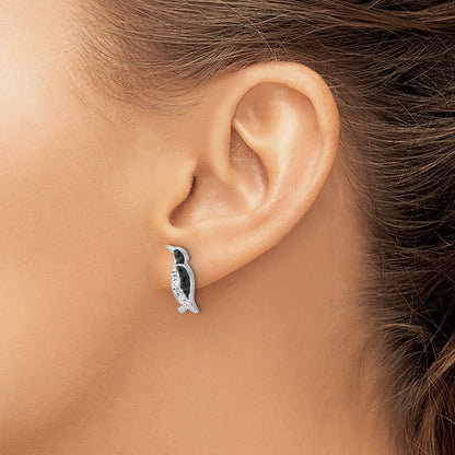 Sterling Silver Rhodium Plated Polished Crystal Penguin Post Earrings